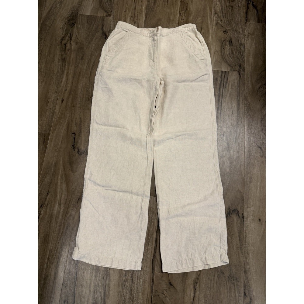 LL Bean Linen Pants Womens 6 Beige Classic Fit Straight Leg Elastic Back 268512